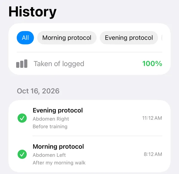 History screen: filter chips, the share of planned entries logged, and one day of entries, each with a check mark, a site, a note and a time