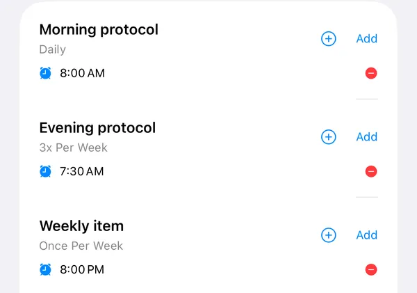 Reminder list with three items: daily, three times a week and once a week, each with a set time